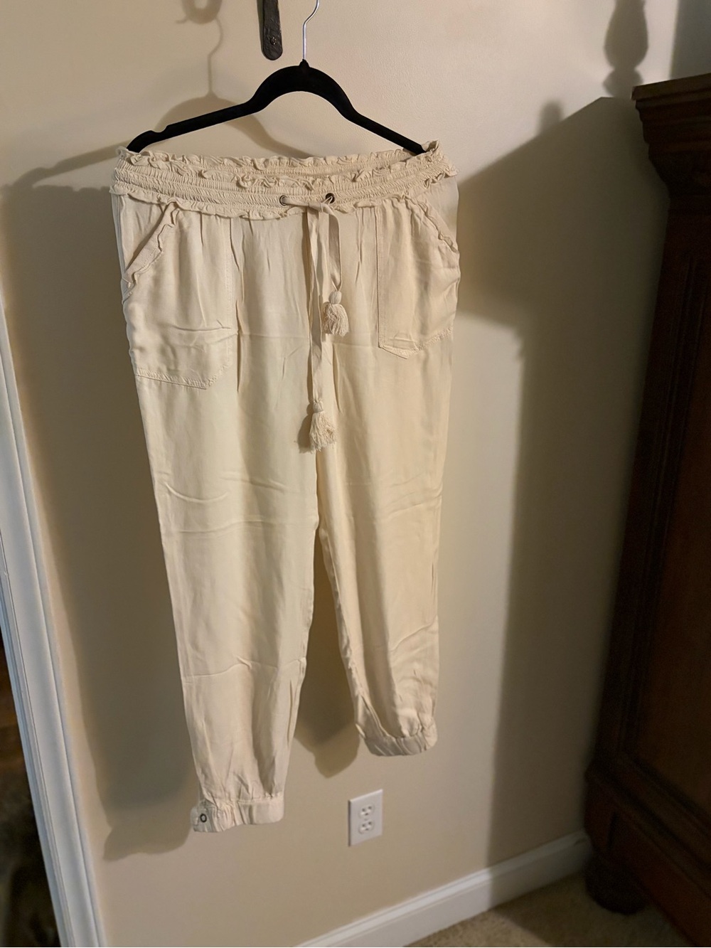 Jolt Cream Smocked Drawstring Jogger Pants with Tassels #1059